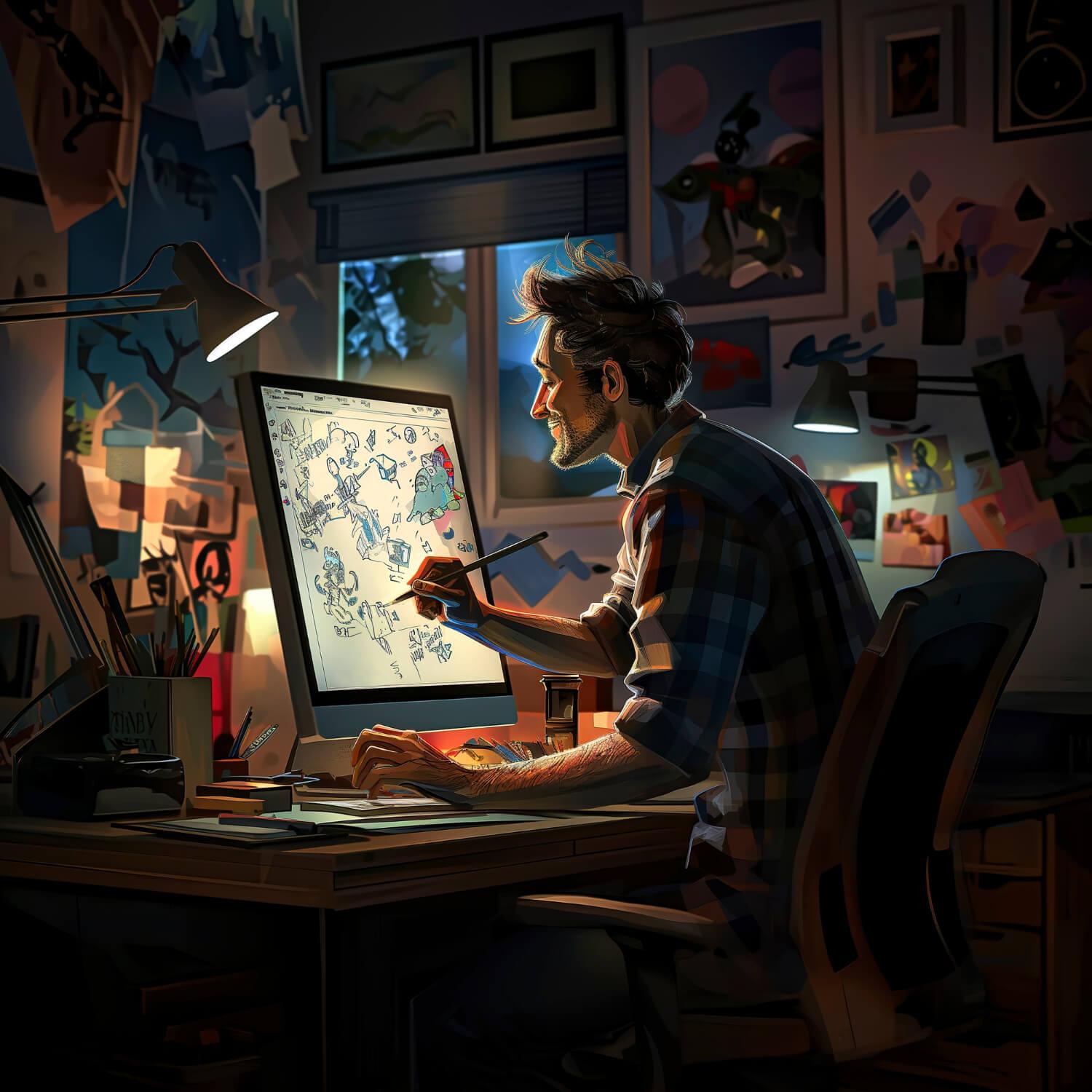 Autentičnost, ilustracija dizajnera koji radi na ilustraciji