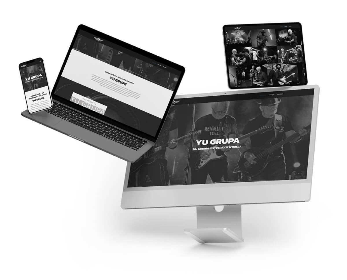 prikaz razlicitih uredjaja sa prikazom web stranice. Web prezentacije za muzičke bendove