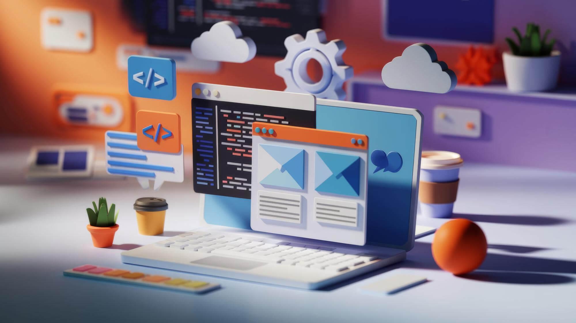 graficki prikaz elemenata koje asociraju na web development. Web sajt za biznis kako napraviti web sajt koji donosi klijente